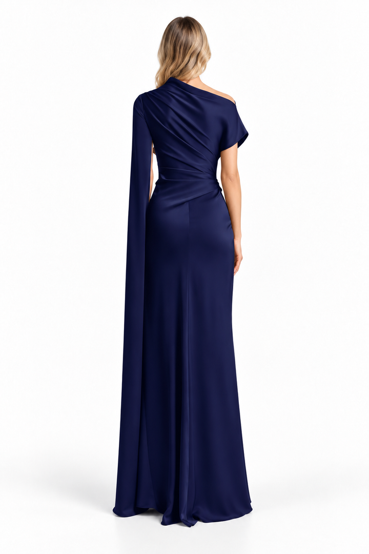 Navy Satin Draped Cape Maxi Dress - Selene