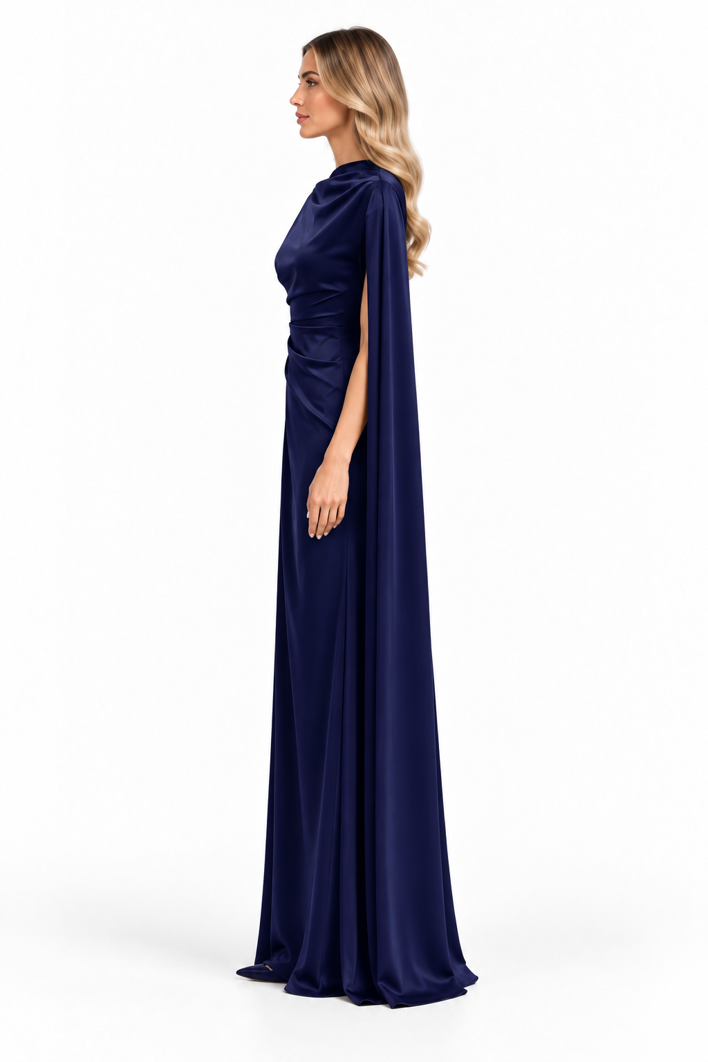 Navy Satin Draped Cape Maxi Dress - Selene