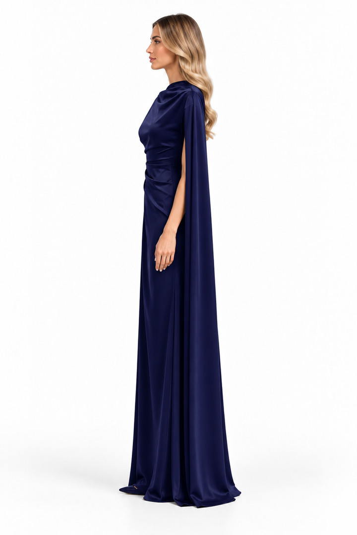 Navy Satin Draped Cape Maxi Dress - Selene