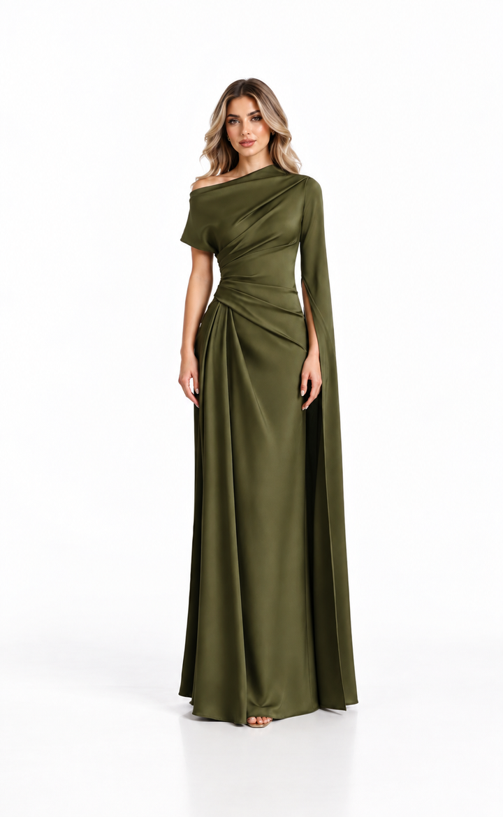 Olive Satin Draped Cape Maxi Dress - Alessia