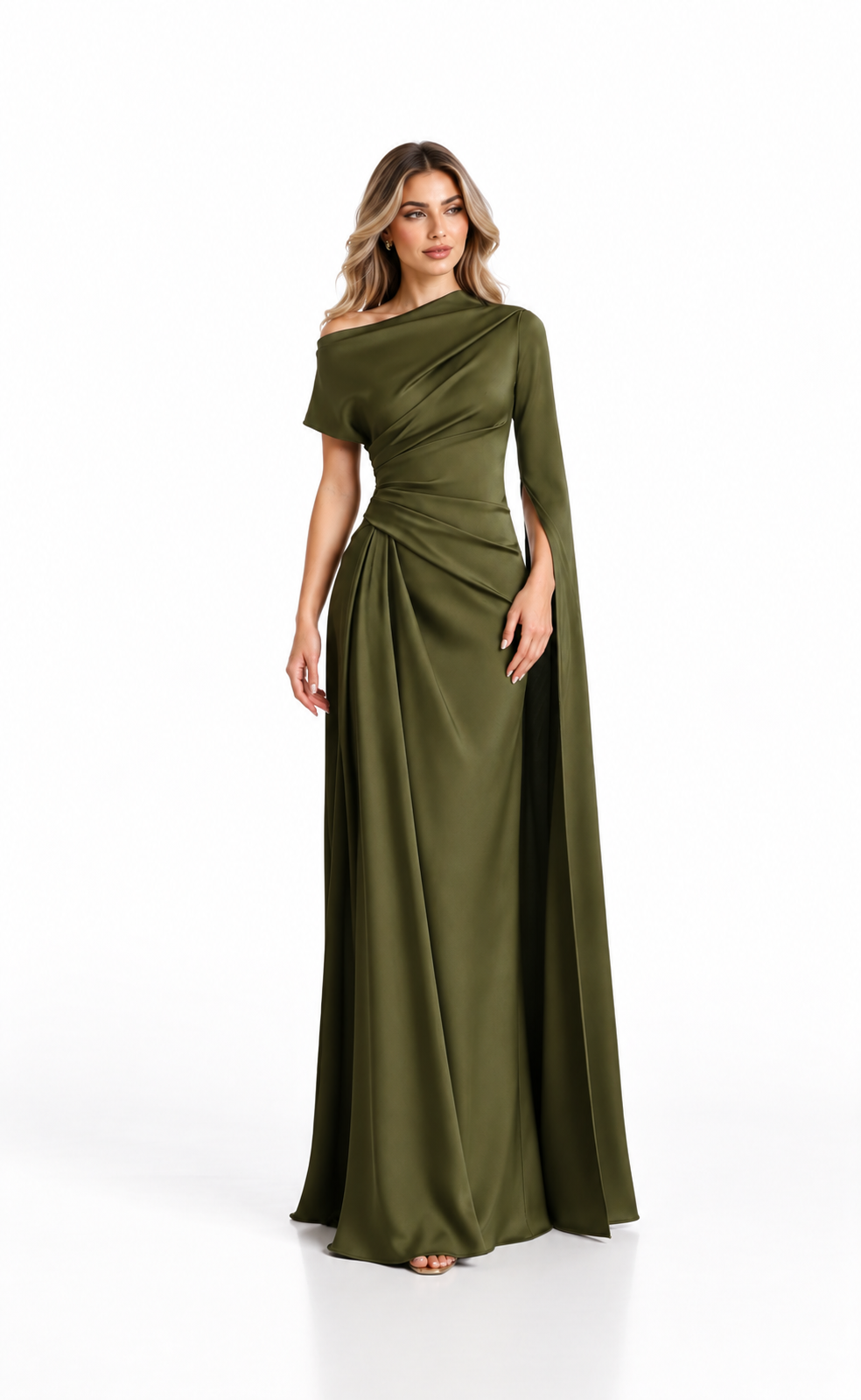 Olive Satin Draped Cape Maxi Dress - Alessia