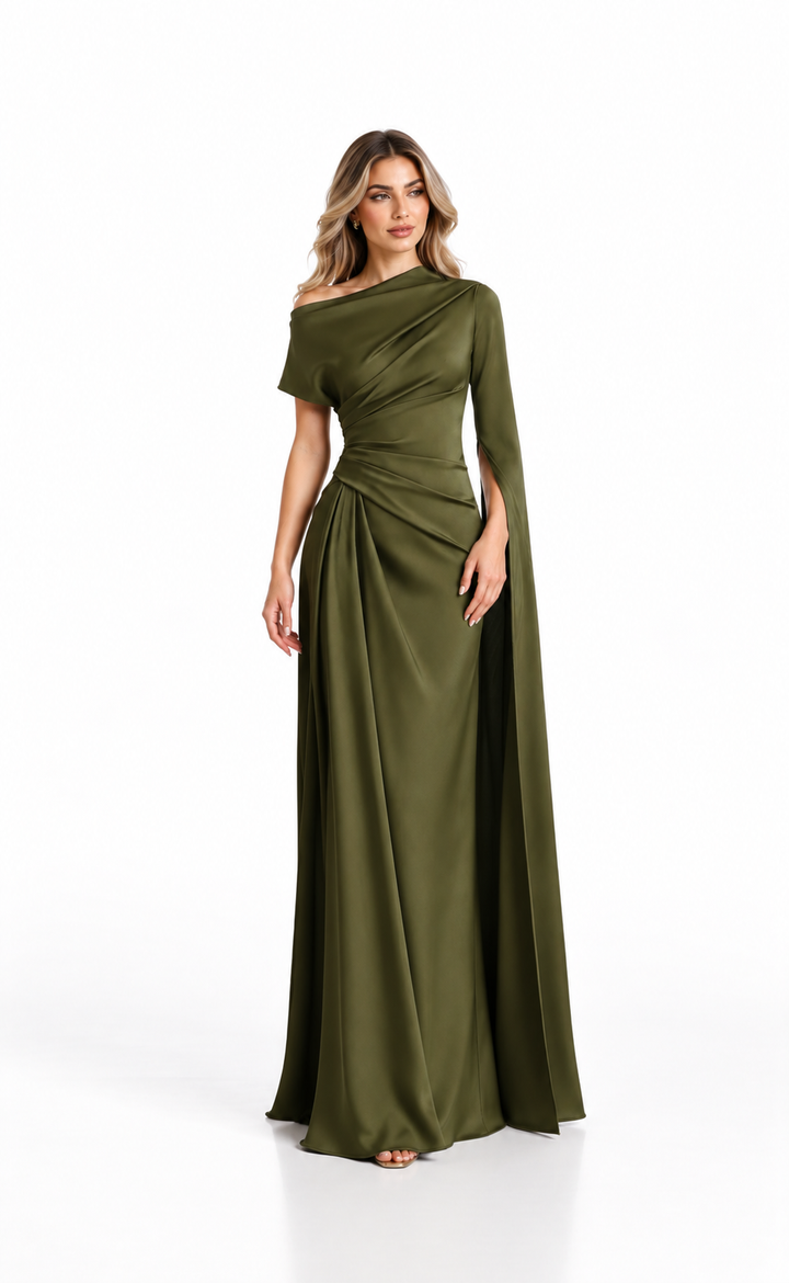 Olive Satin Draped Cape Maxi Dress - Alessia