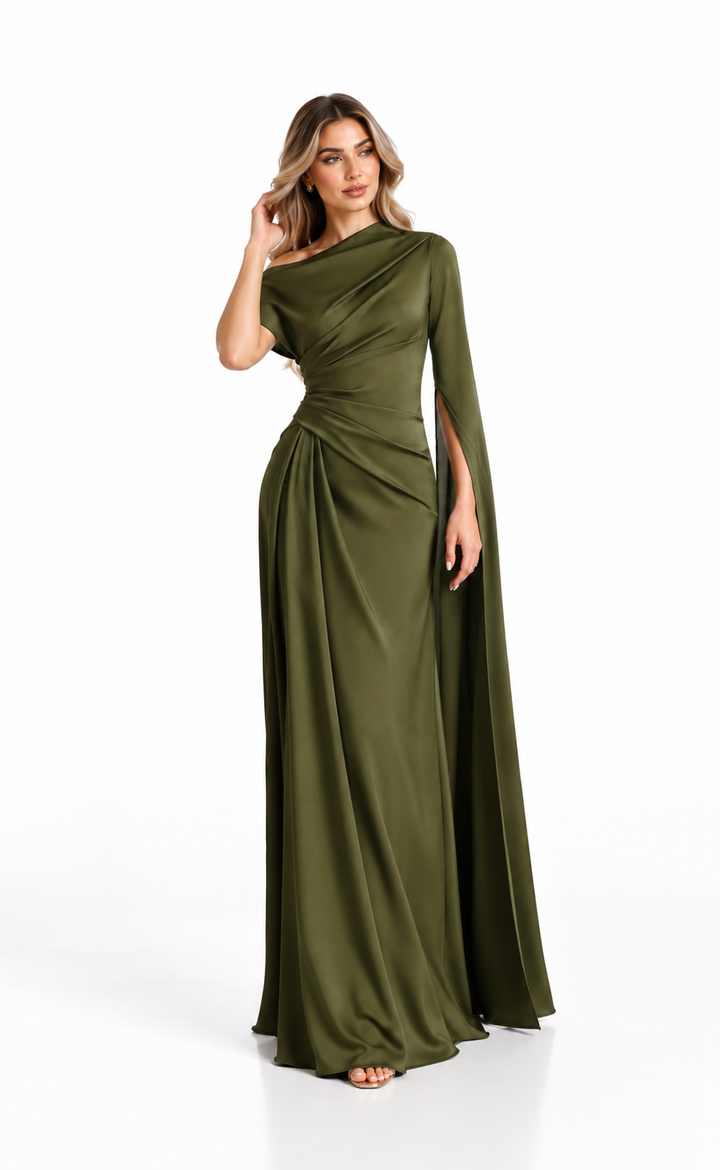 Olive Satin Draped Cape Maxi Dress - Alessia