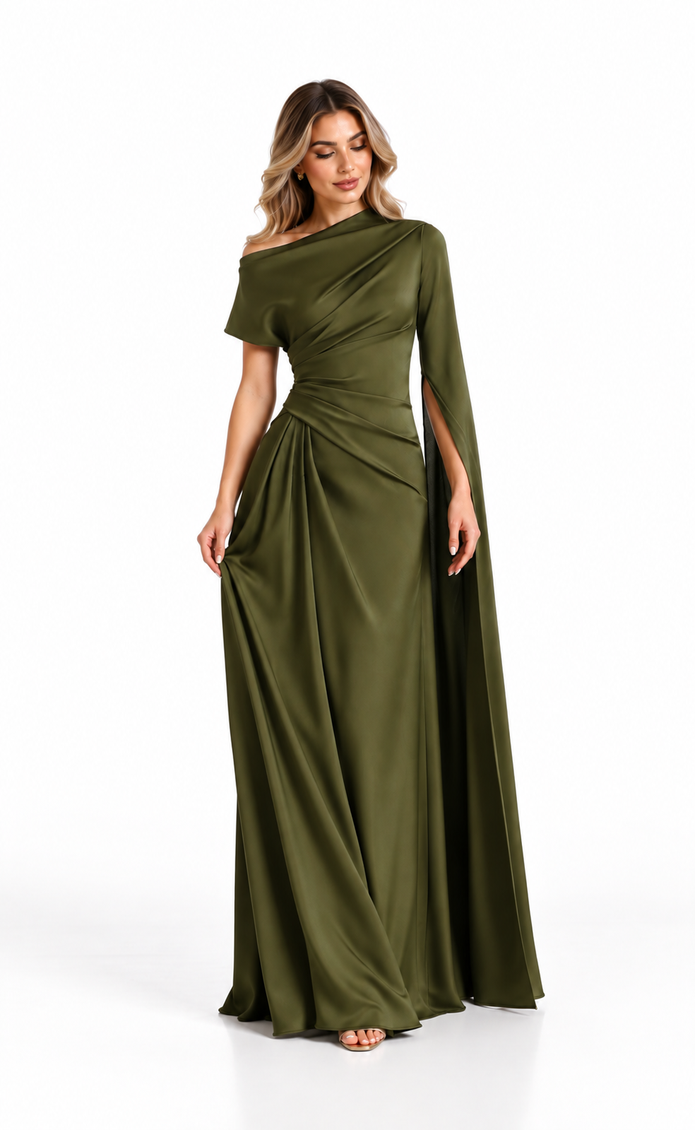 Olive Satin Draped Cape Maxi Dress - Alessia
