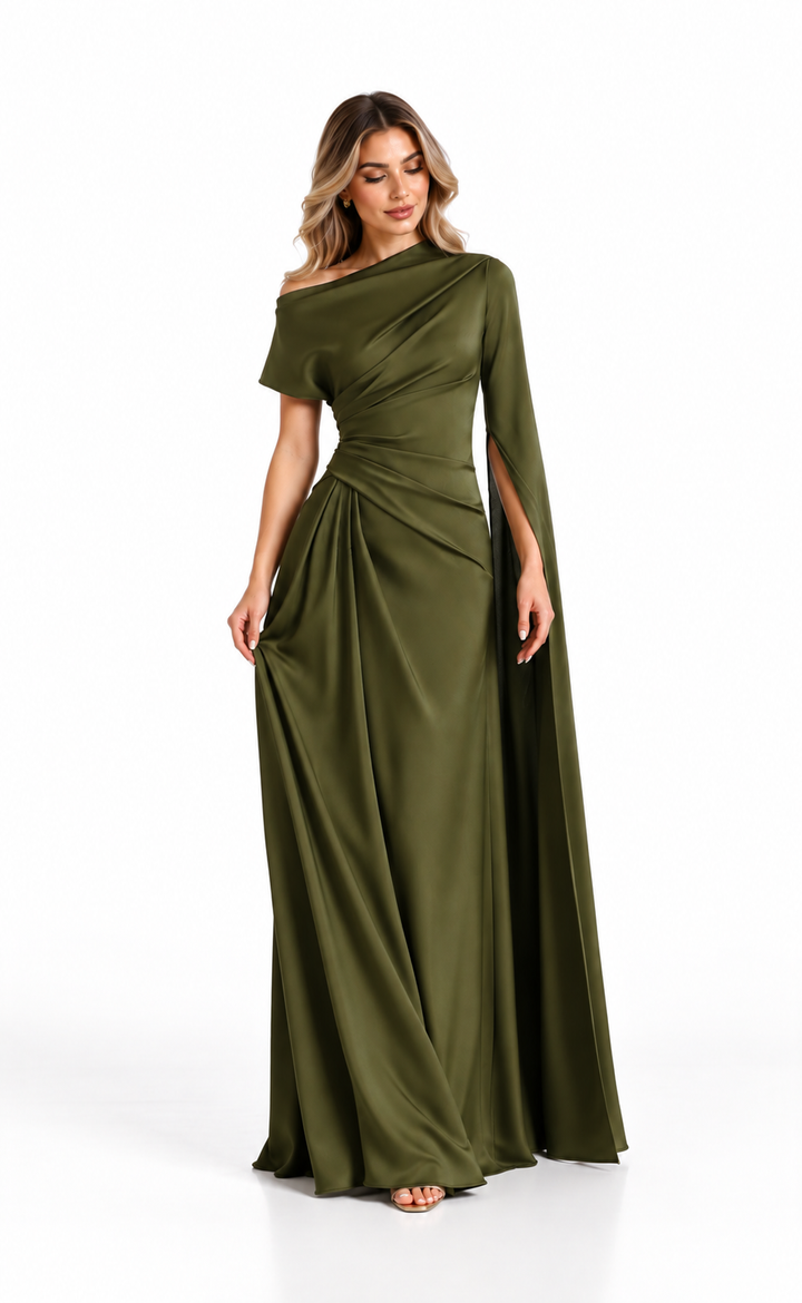 Olive Satin Draped Cape Maxi Dress - Alessia