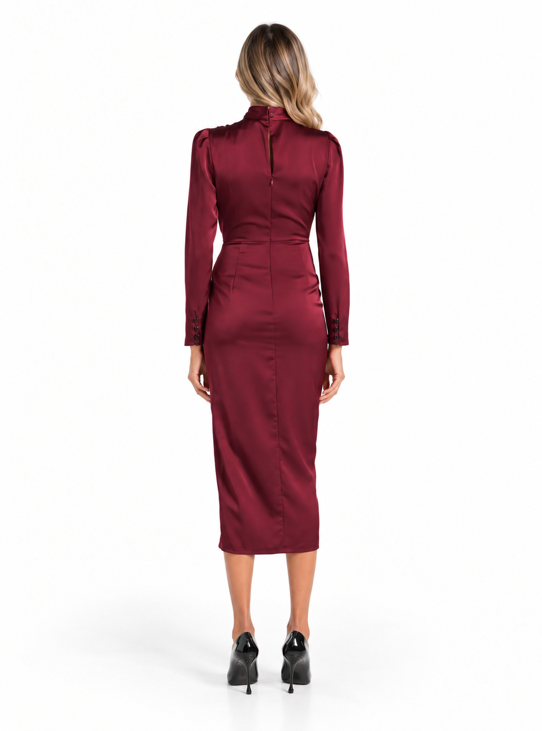 Burgundy Satin Draped Midi Dress - Marcella