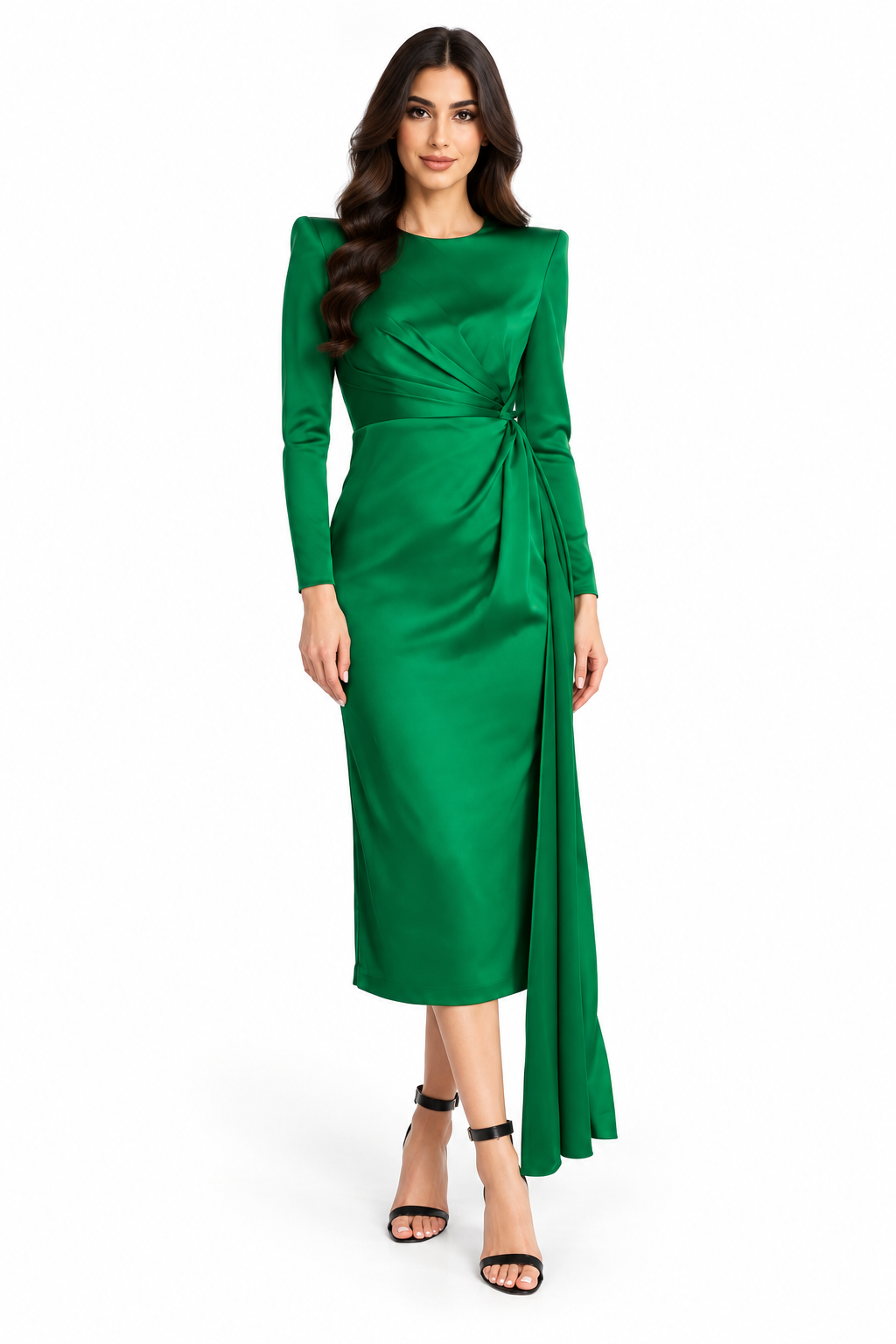 Emerald Satin Ruched Midi Dress - Alessia