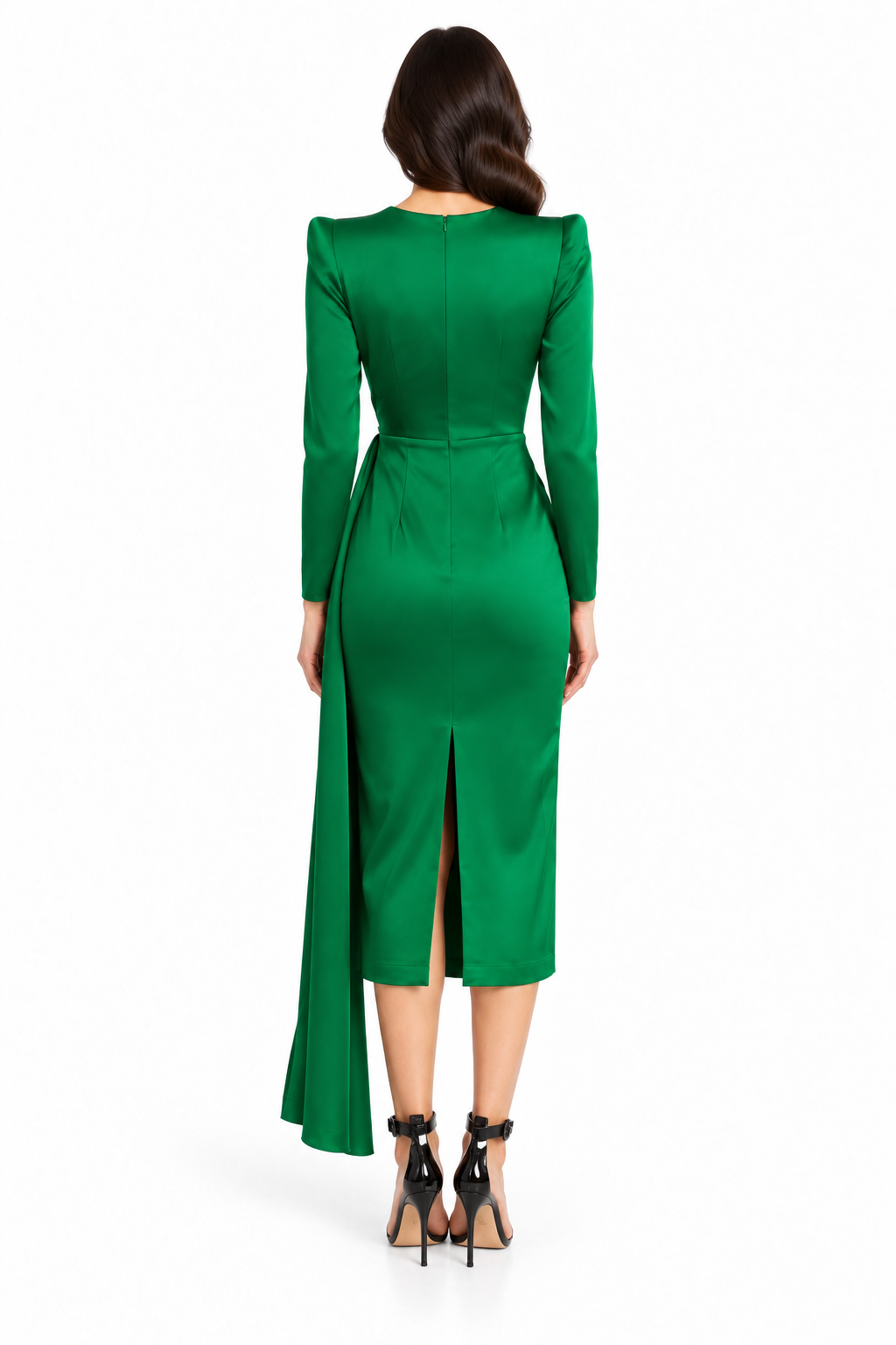 Emerald Satin Ruched Midi Dress - Alessia