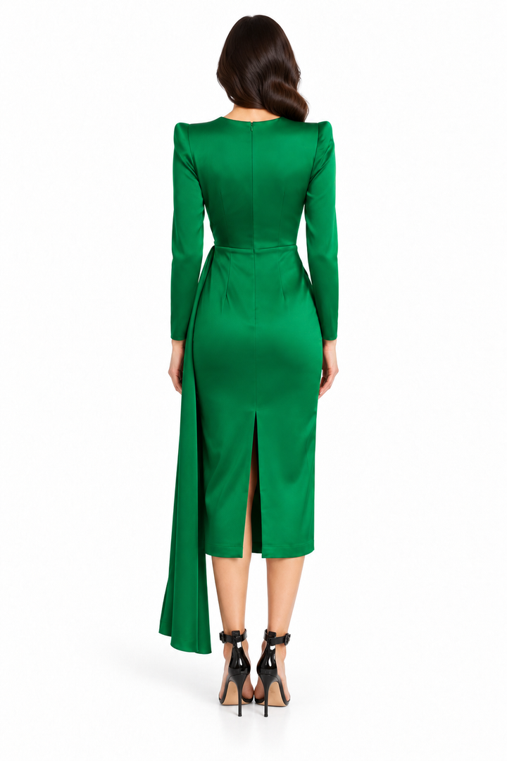 Emerald Satin Ruched Midi Dress - Alessia
