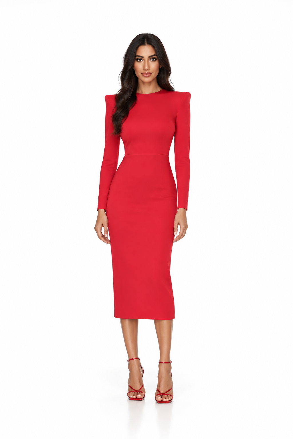 Red Structured Shoulder Midi Dress - Valeria