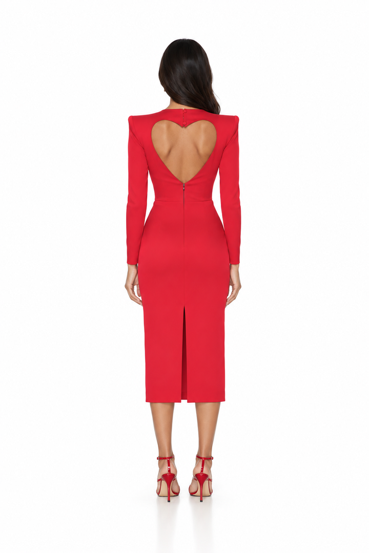 Red Structured Shoulder Midi Dress - Valeria
