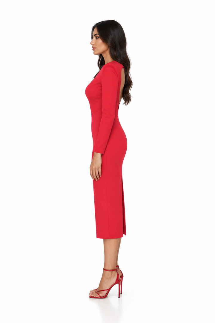 Red Structured Shoulder Midi Dress - Valeria
