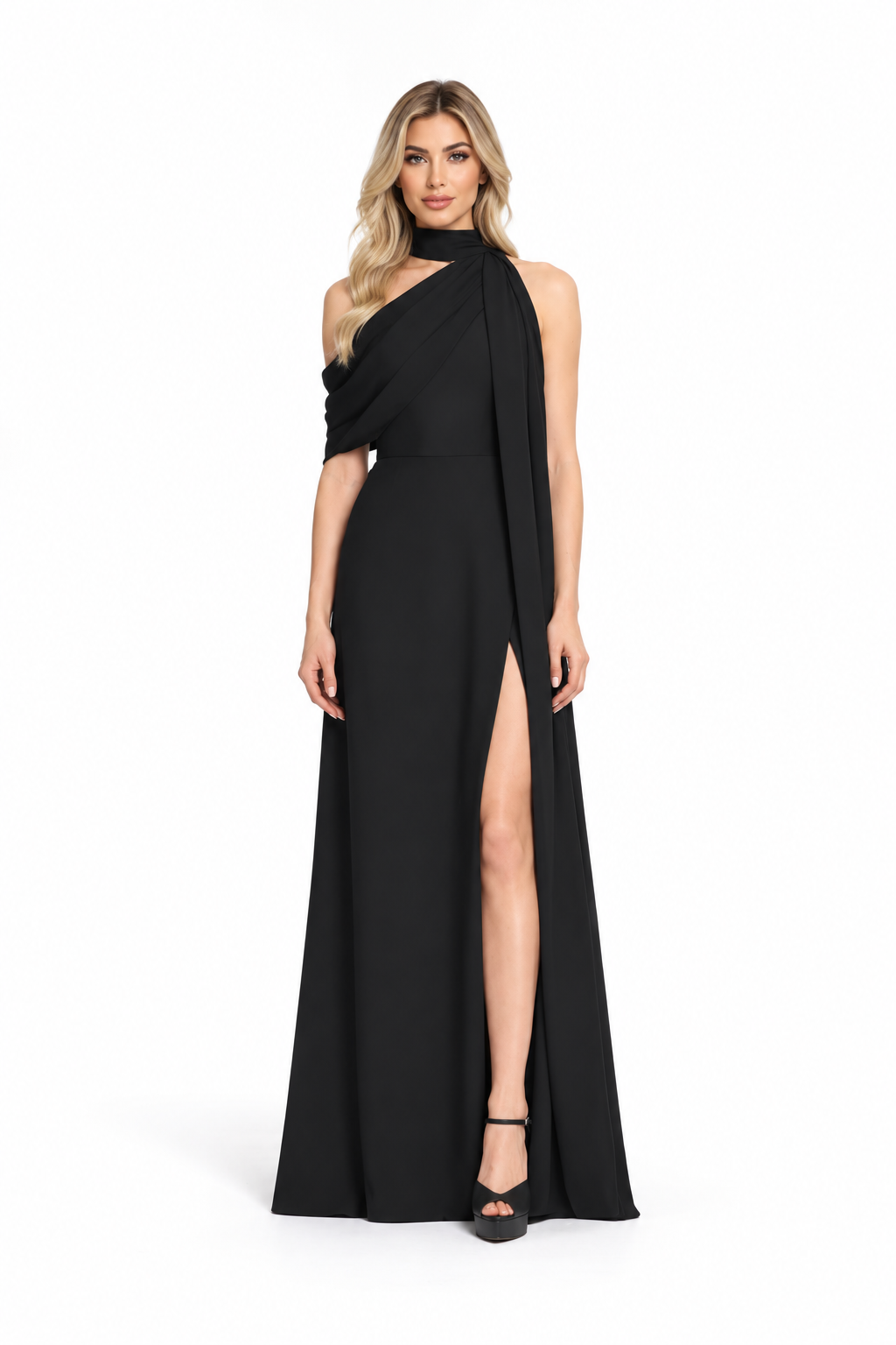 Black Asymmetric Halter Maxi Dress - Selene