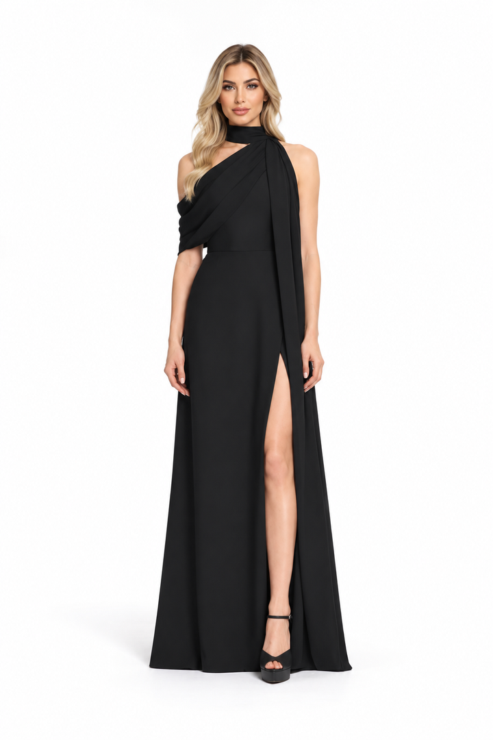 Black Asymmetric Halter Maxi Dress - Selene