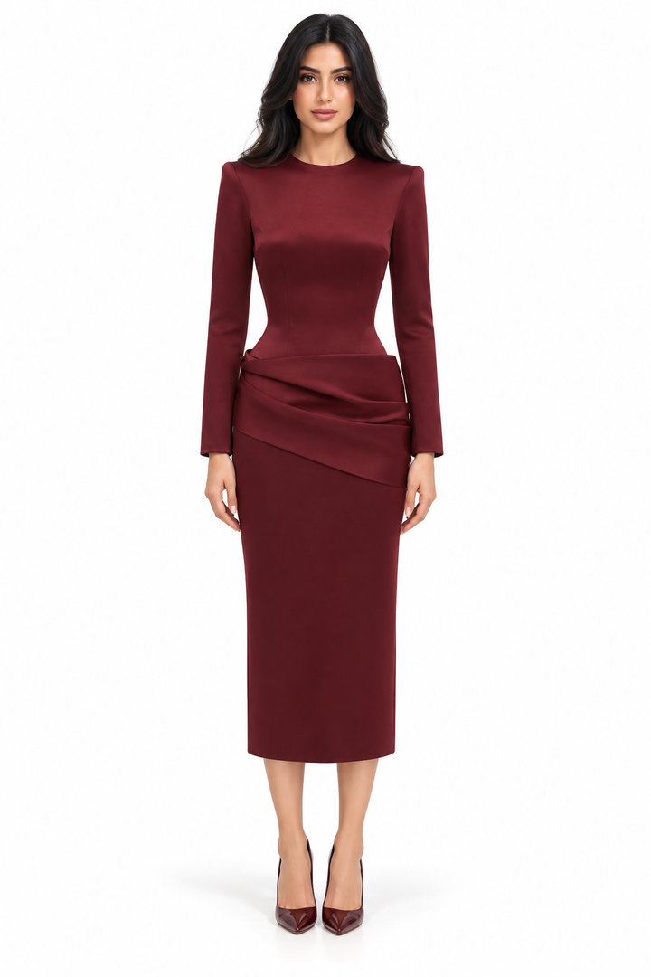 Burgundy Draped Waist Midi Dress - Verona