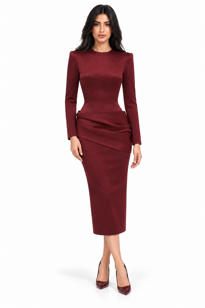Burgundy Draped Waist Midi Dress - Verona