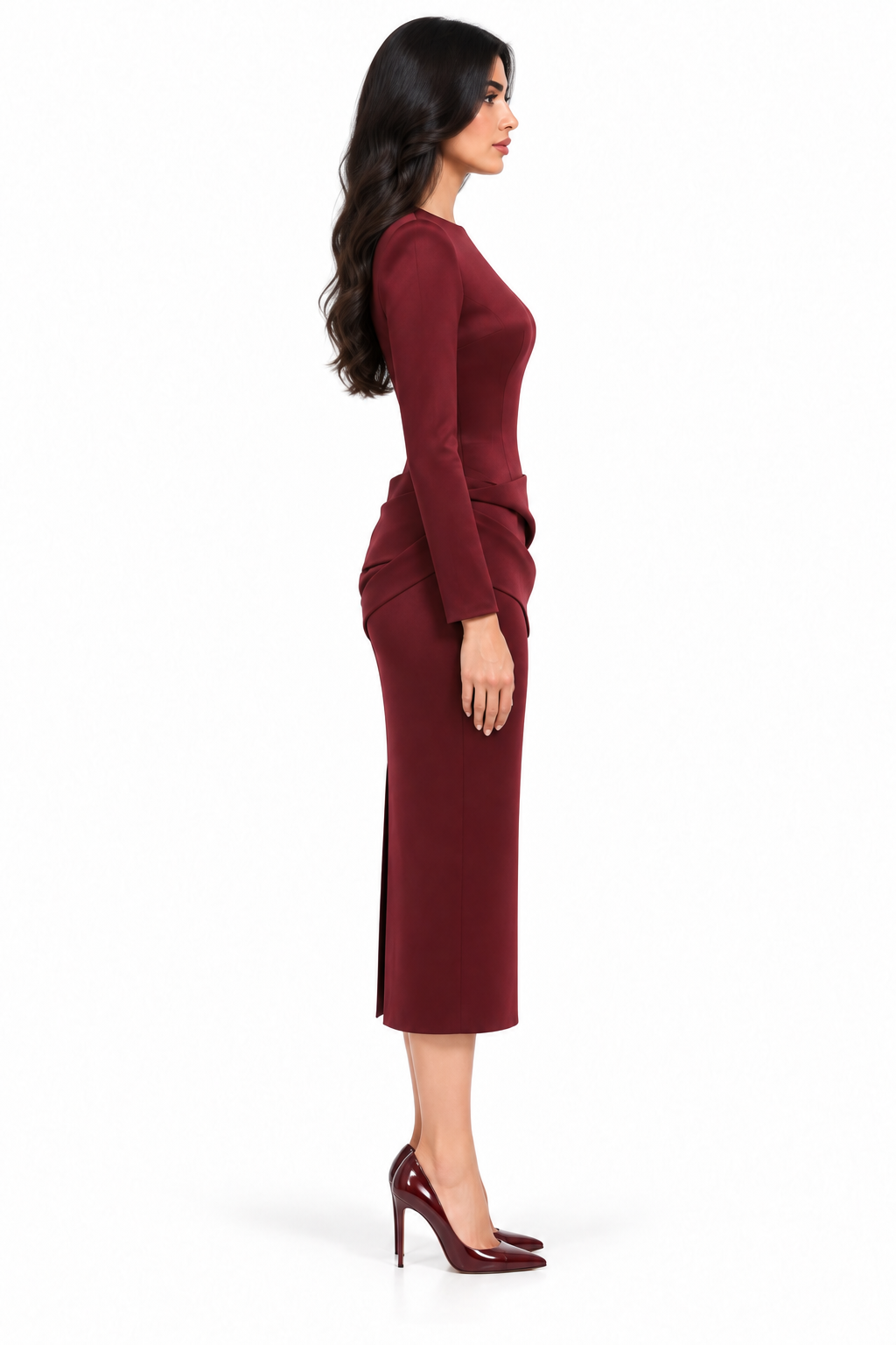 Burgundy Draped Waist Midi Dress - Verona