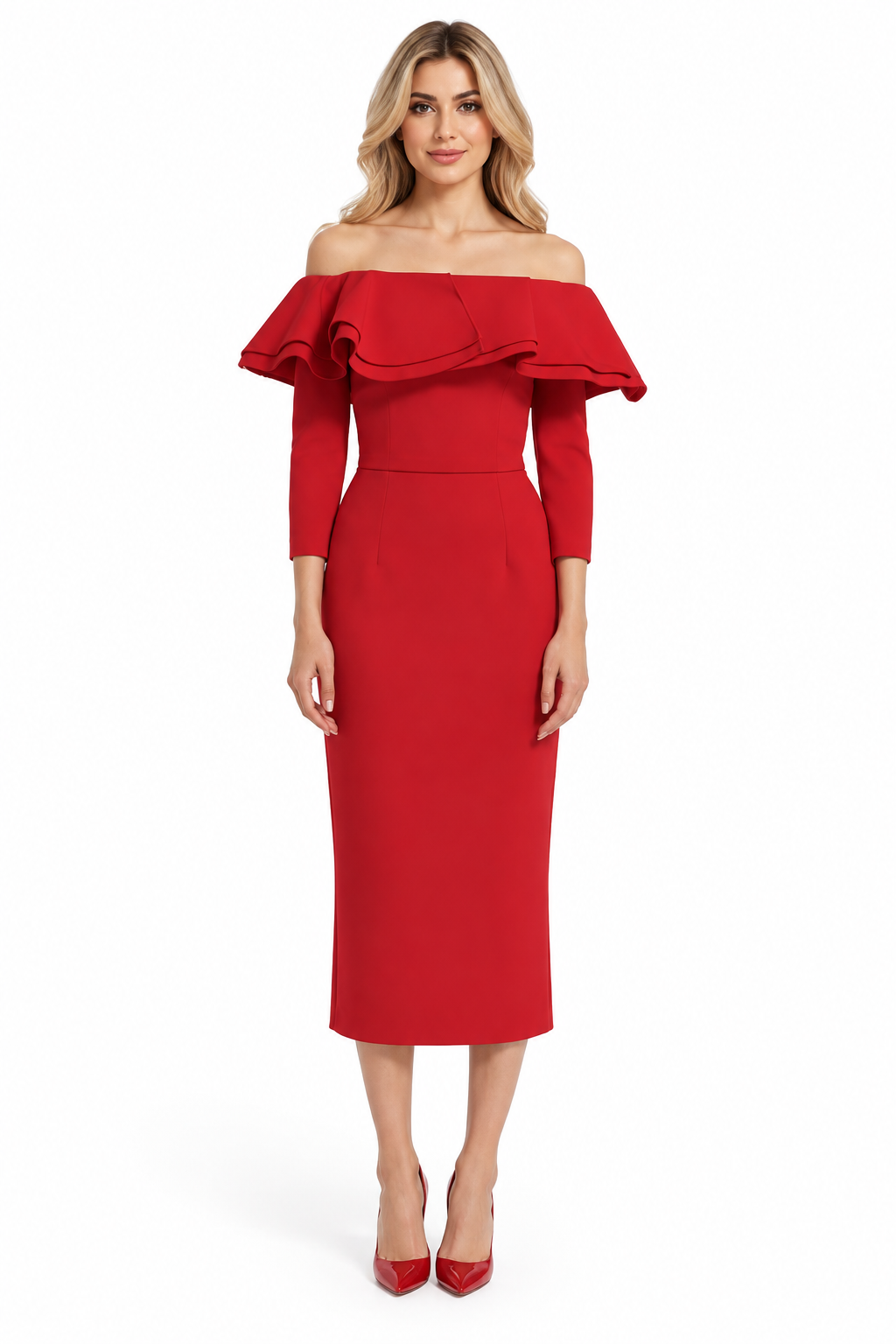 Red Off-Shoulder Ruffle Midi Dress - Arabella