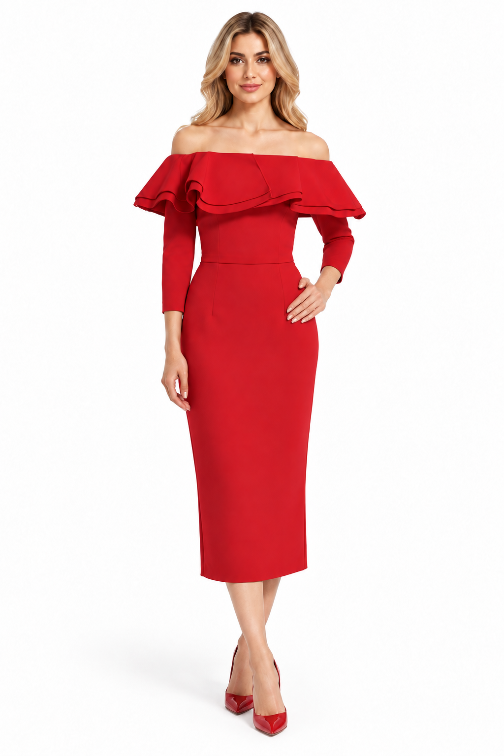 Red Off-Shoulder Ruffle Midi Dress - Arabella
