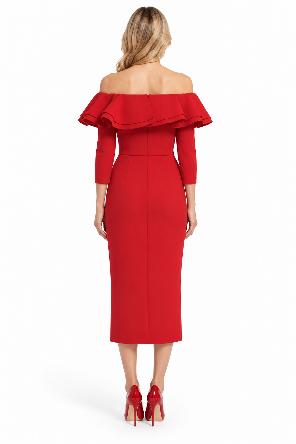 Red Off-Shoulder Ruffle Midi Dress - Arabella