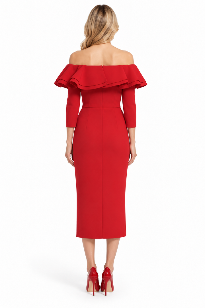 Red Off-Shoulder Ruffle Midi Dress - Arabella