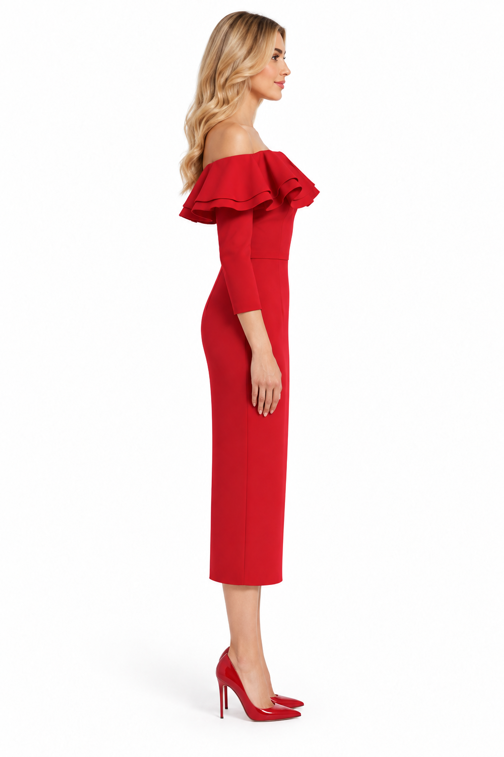 Red Off-Shoulder Ruffle Midi Dress - Arabella