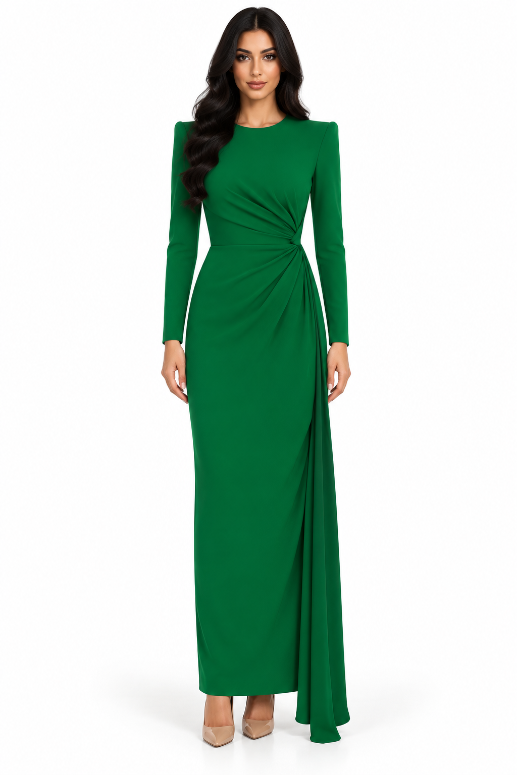 Emerald Ruched Draped Midi Dress - Alessandra