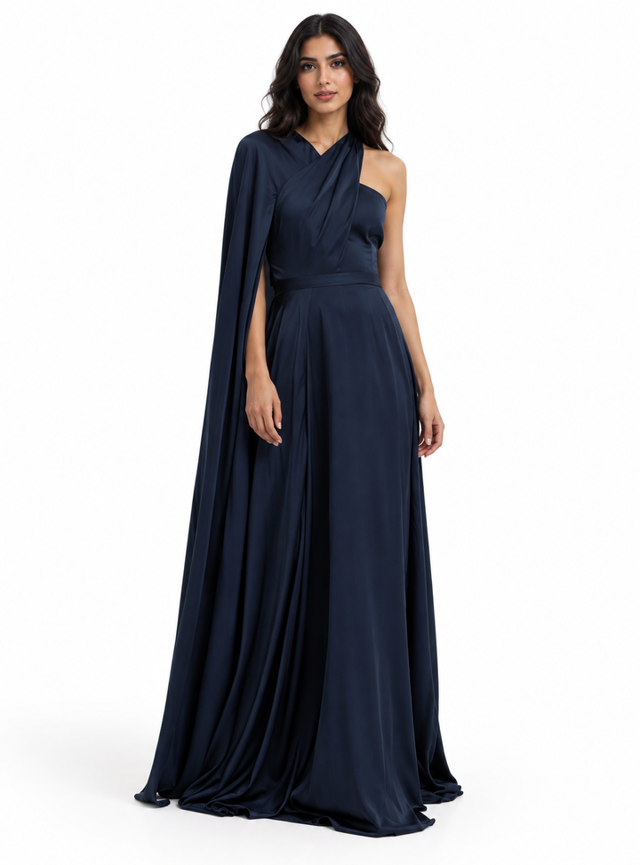 Navy One-Shoulder Cape Maxi Dress - Seraphina