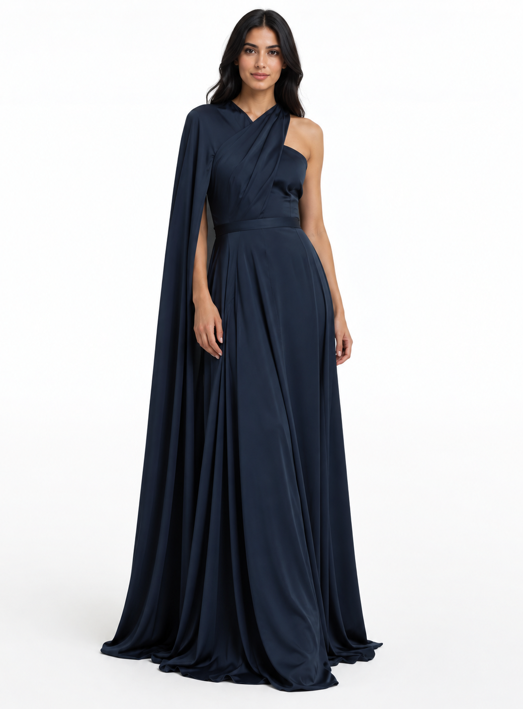 Navy One-Shoulder Cape Maxi Dress - Seraphina