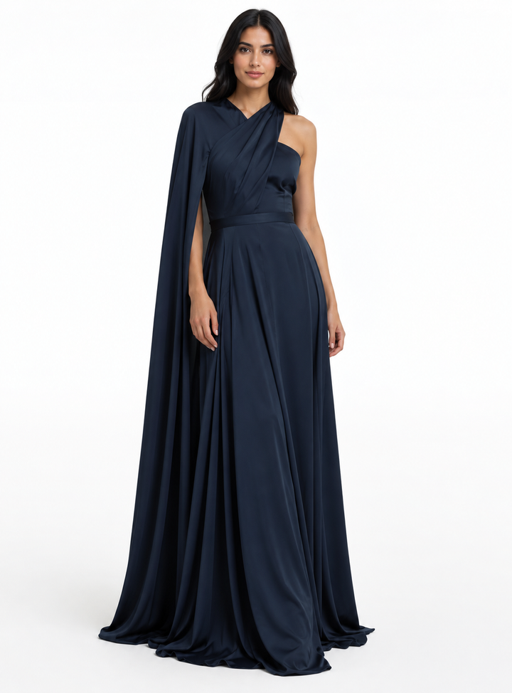 Navy One-Shoulder Cape Maxi Dress - Seraphina