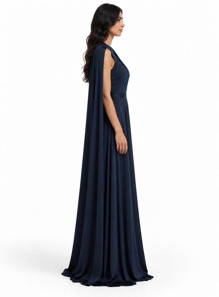 Navy One-Shoulder Cape Maxi Dress - Seraphina