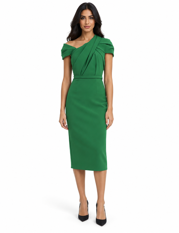 Emerald Draped Asymmetric Midi Dress - Evelina