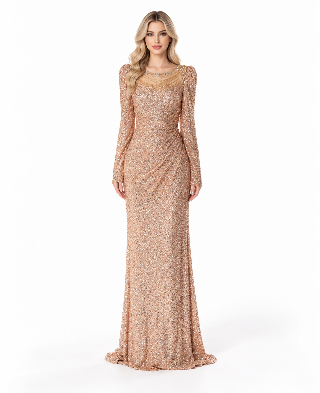Champagne Sequin Embellished Maxi Dress - Aurelia
