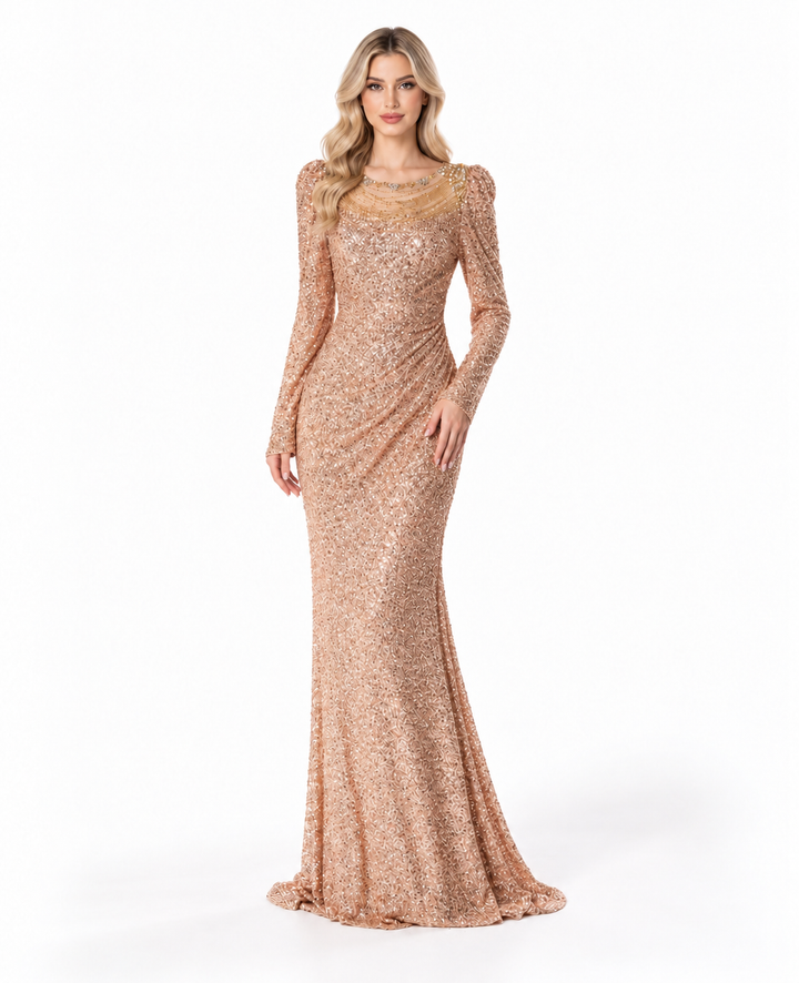 Champagne Sequin Embellished Maxi Dress - Aurelia