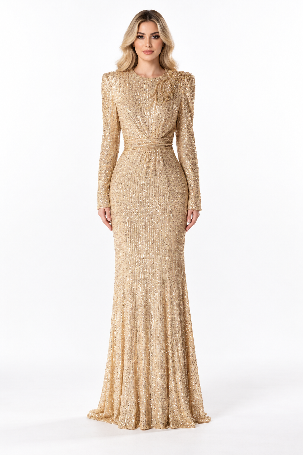 Gold Sequin Draped Maxi Dress - Aurelia