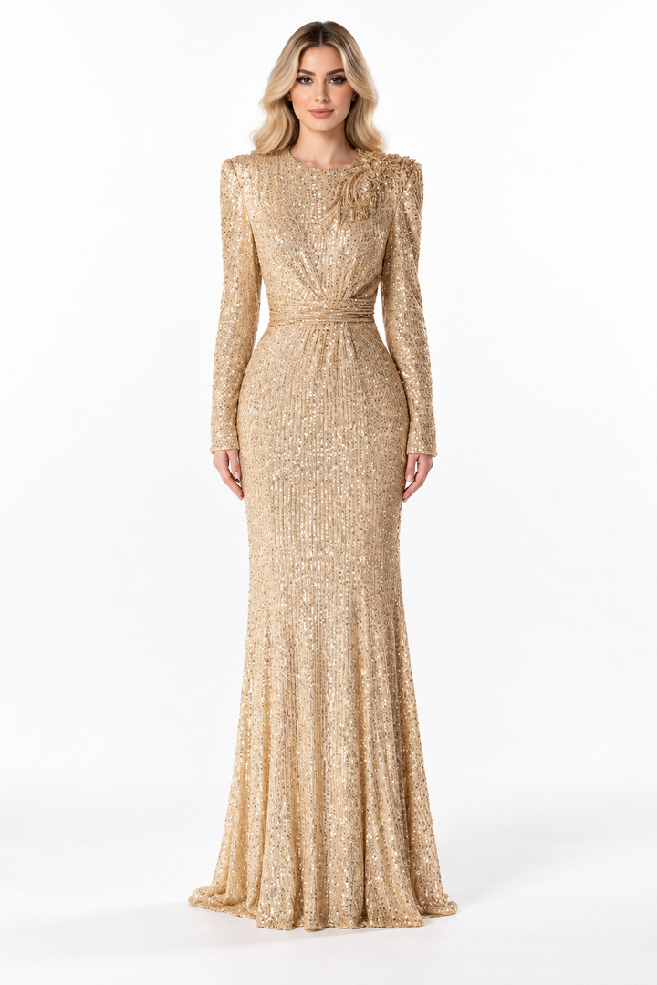 Gold Sequin Draped Maxi Dress - Aurelia