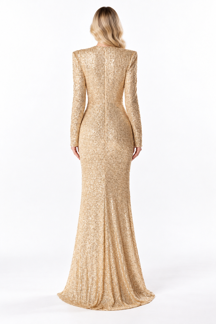 Gold Sequin Draped Maxi Dress - Aurelia