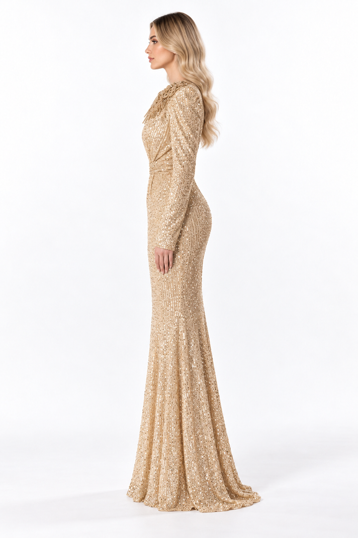 Gold Sequin Draped Maxi Dress - Aurelia
