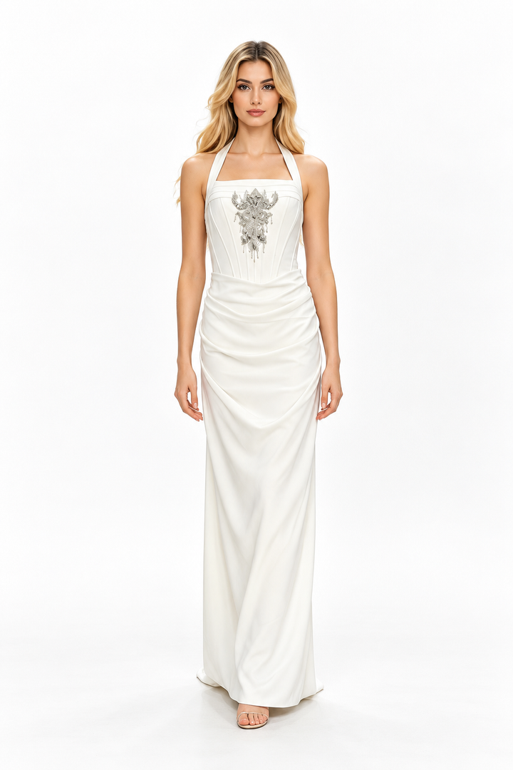 Ivory Embellished Halter Draped Maxi Dress - Seraphina
