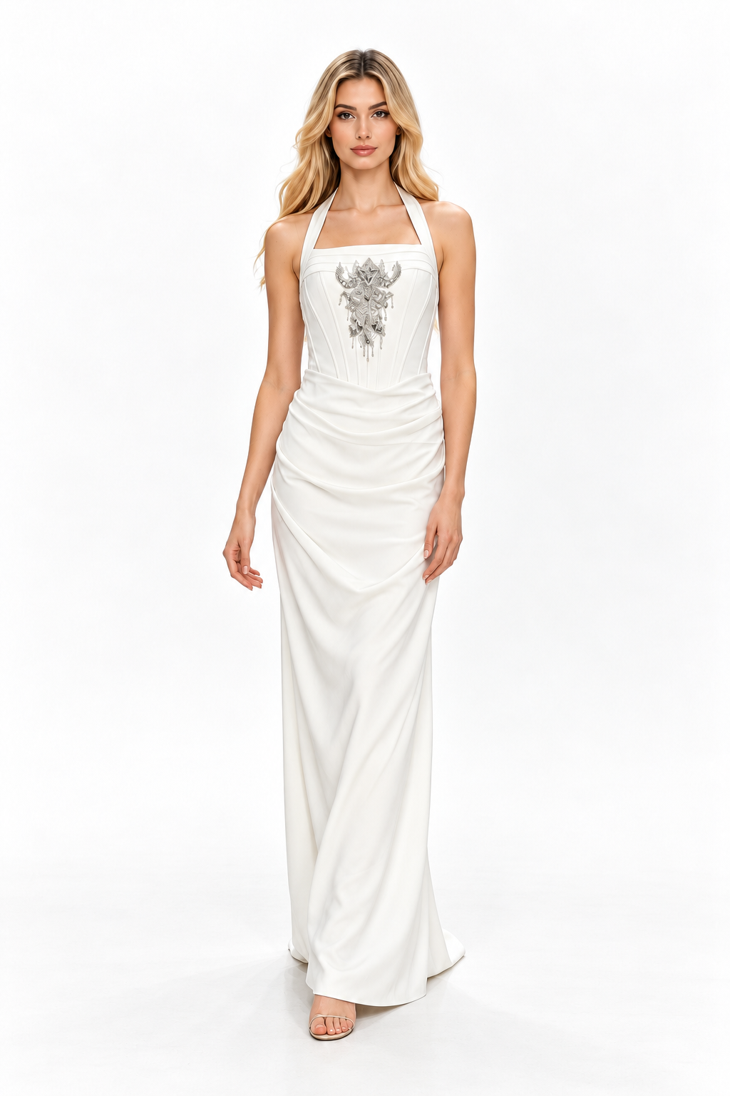 Ivory Embellished Halter Draped Maxi Dress - Seraphina