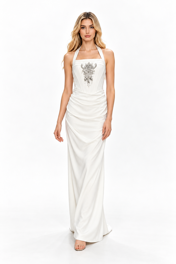 Ivory Embellished Halter Draped Maxi Dress - Seraphina