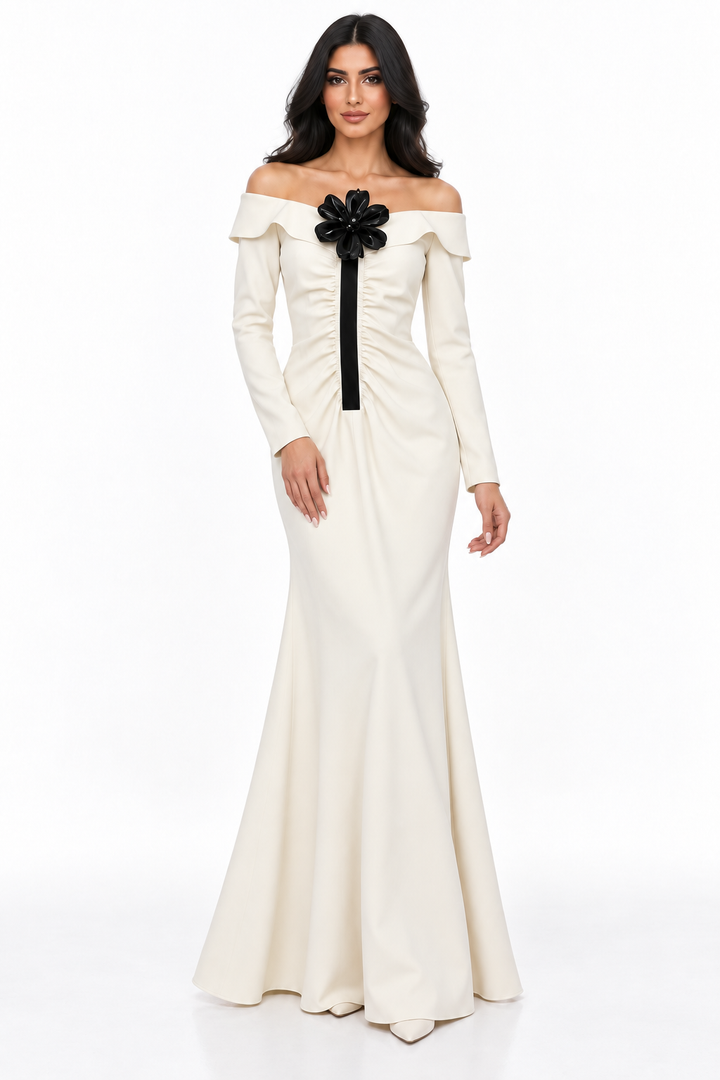 Ivory Off-Shoulder Floral Mermaid Dress - Celestine