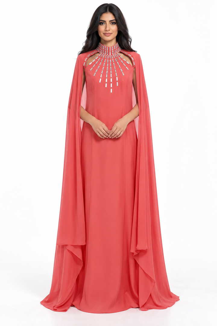 Coral Crystal Cape Mermaid Maxi Dress - Seraphina