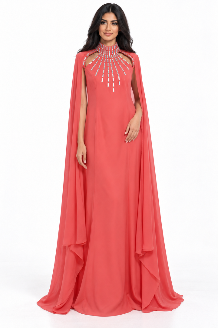 Coral Crystal Cape Mermaid Maxi Dress - Seraphina