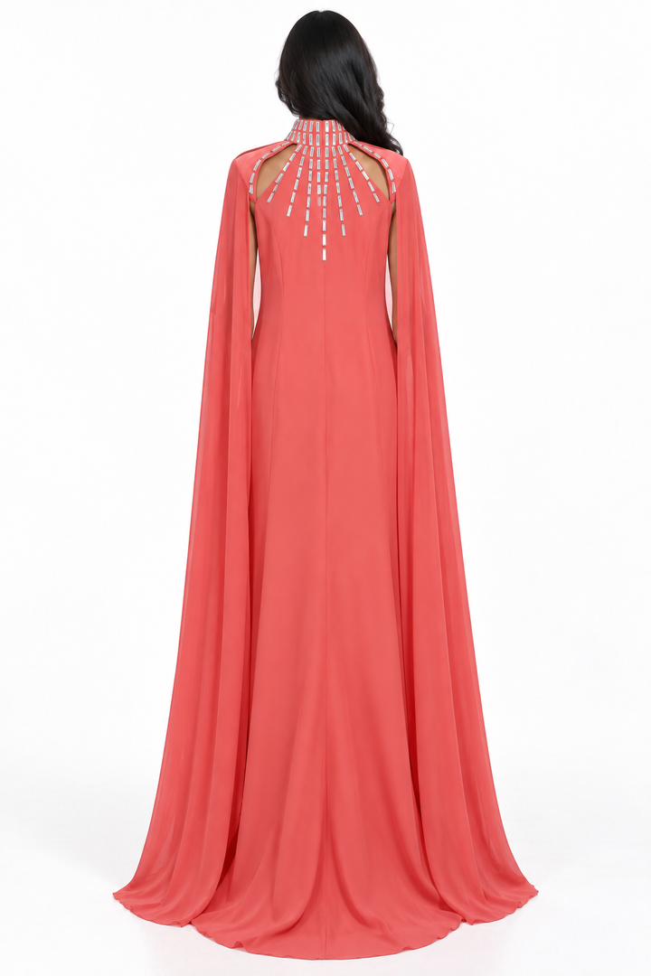 Coral Crystal Cape Mermaid Maxi Dress - Seraphina