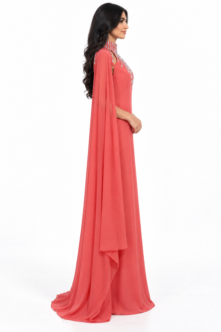 Coral Crystal Cape Mermaid Maxi Dress - Seraphina