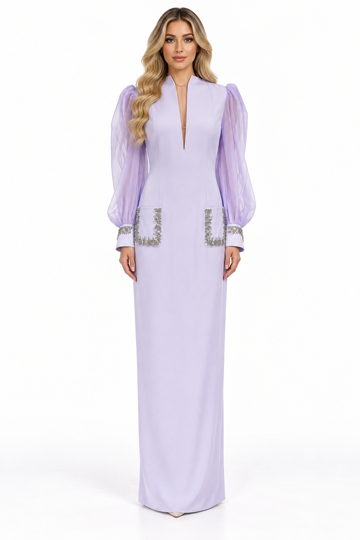 Lavender Sheer Sleeve Embellished Maxi Dress - Celestia