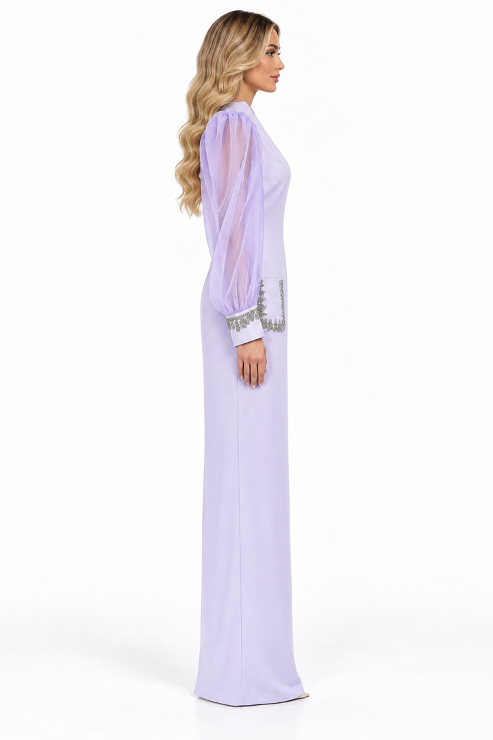Lavender Sheer Sleeve Embellished Maxi Dress - Celestia