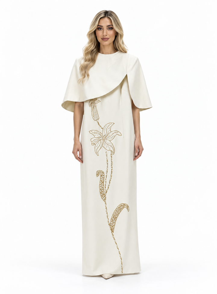 Ivory Embroidered Cape Maxi Dress - Elara