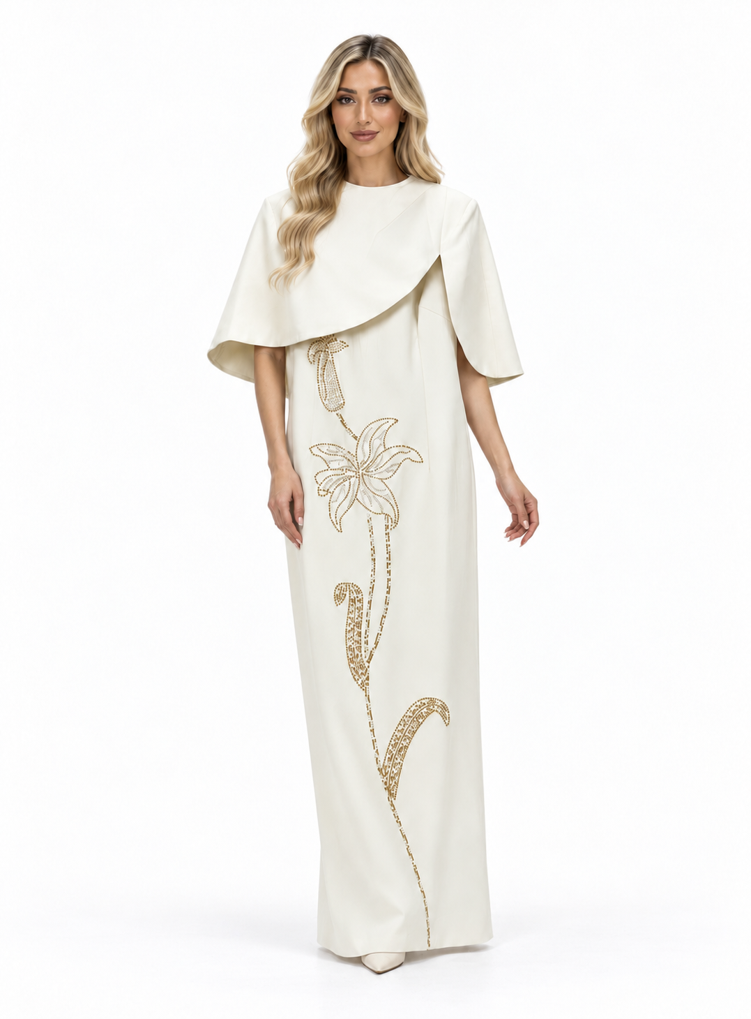 Ivory Embroidered Cape Maxi Dress - Elara